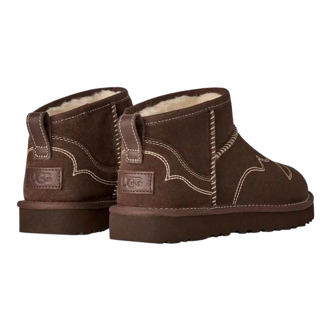HypeSelection UGG Classic Ultra Mini Western boots in Burnt Cedar suede with decorative stitching and rear pull tabs.