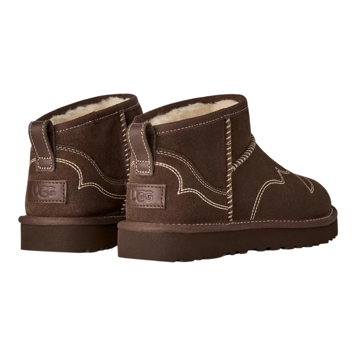 HypeSelection UGG Classic Ultra Mini Western boots in Burnt Cedar suede with decorative stitching and rear pull tabs.