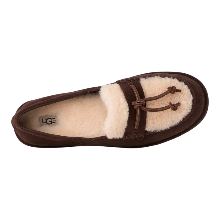 HypeSelection UGG Zora brown suede loafer with cream lambskin lining and decorative bow detail