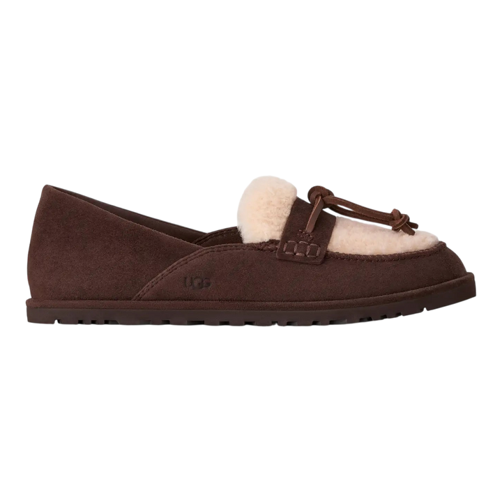 HypeSelection UGG Zora brown suede slip-on loafer with cream lambskin lining and decorative bow detail