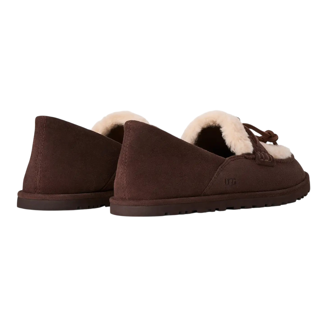 HypeSelection UGG Zora brown suede loafers with cream lambskin lining and visible UGGplush detailing