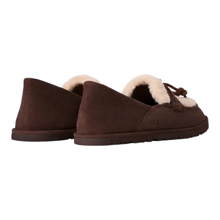 HypeSelection UGG Zora brown suede loafers with cream lambskin lining and visible UGGplush detailing