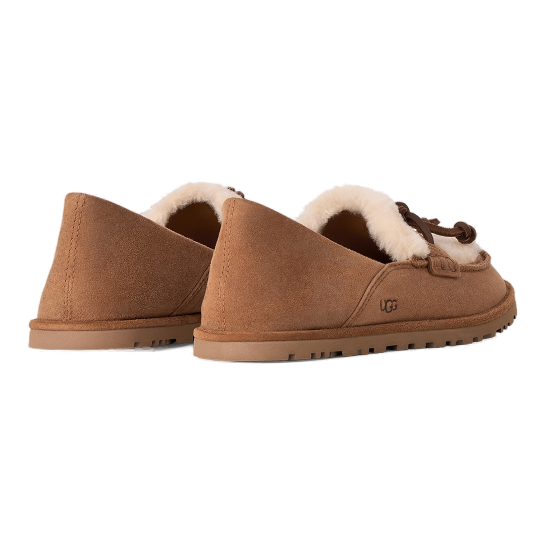 HypeSelection UGG Zora chestnut suede loafers with lambskin lining and UGGplush detailing, rear view