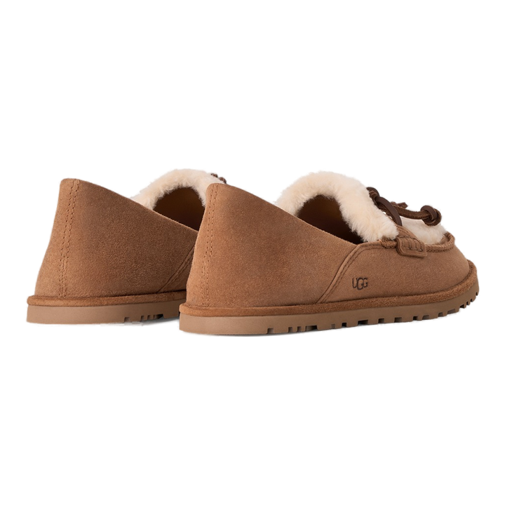 HypeSelection UGG Zora chestnut suede loafers with lambskin lining and UGGplush detailing, rear view