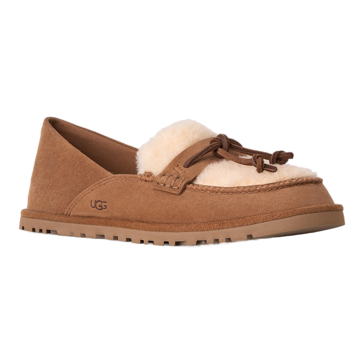 HypeSelection UGG Zora chestnut suede loafer with cream lambskin lining and decorative tie detail