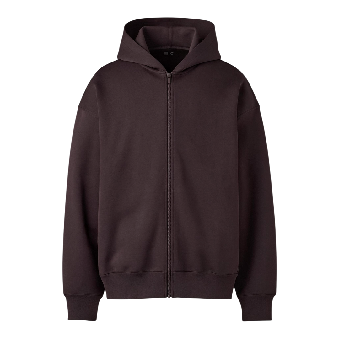 HypeSelection UNIQLO :C dark brown oversized full-zip hoodie with a smooth finish and drawstring-free hood