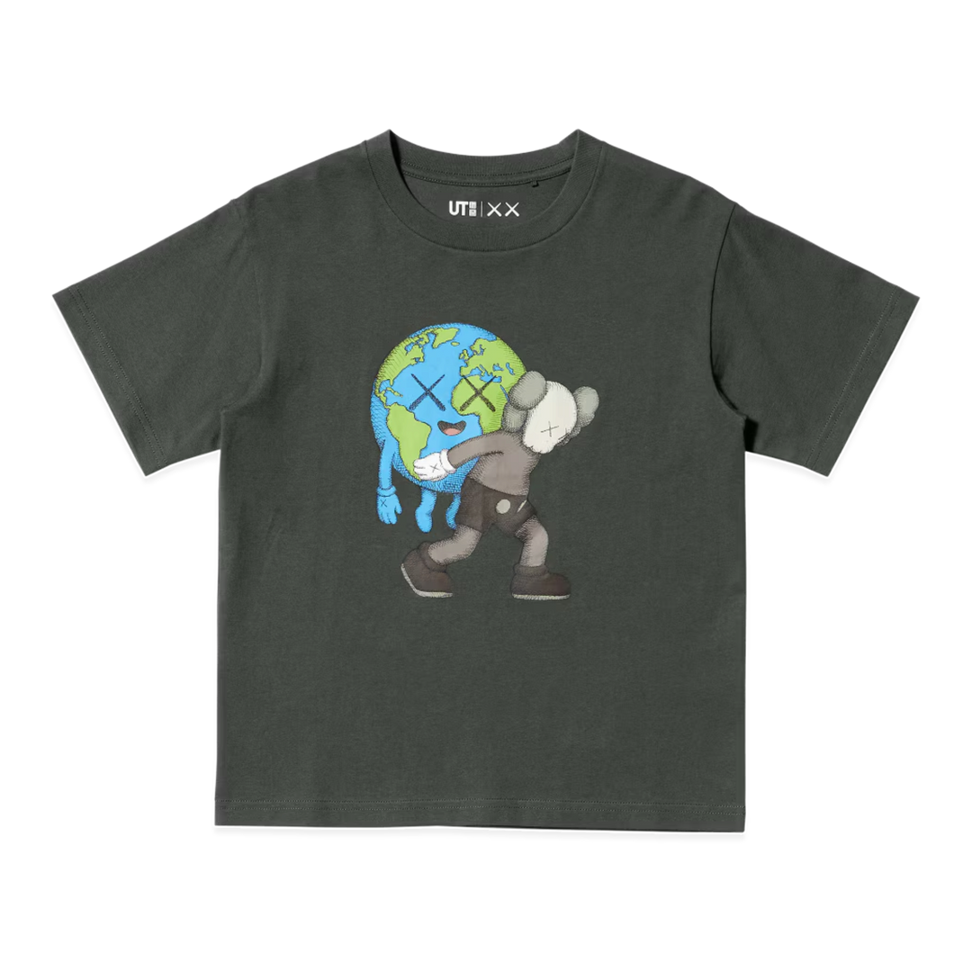 HypeSelection Uniqlo KAWS Universe graphic t-shirt in gray featuring a COMPANION character holding the Earth