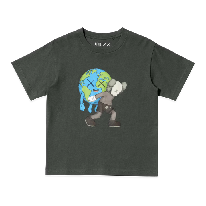 HypeSelection Uniqlo KAWS Universe graphic t-shirt in gray featuring a COMPANION character holding the Earth