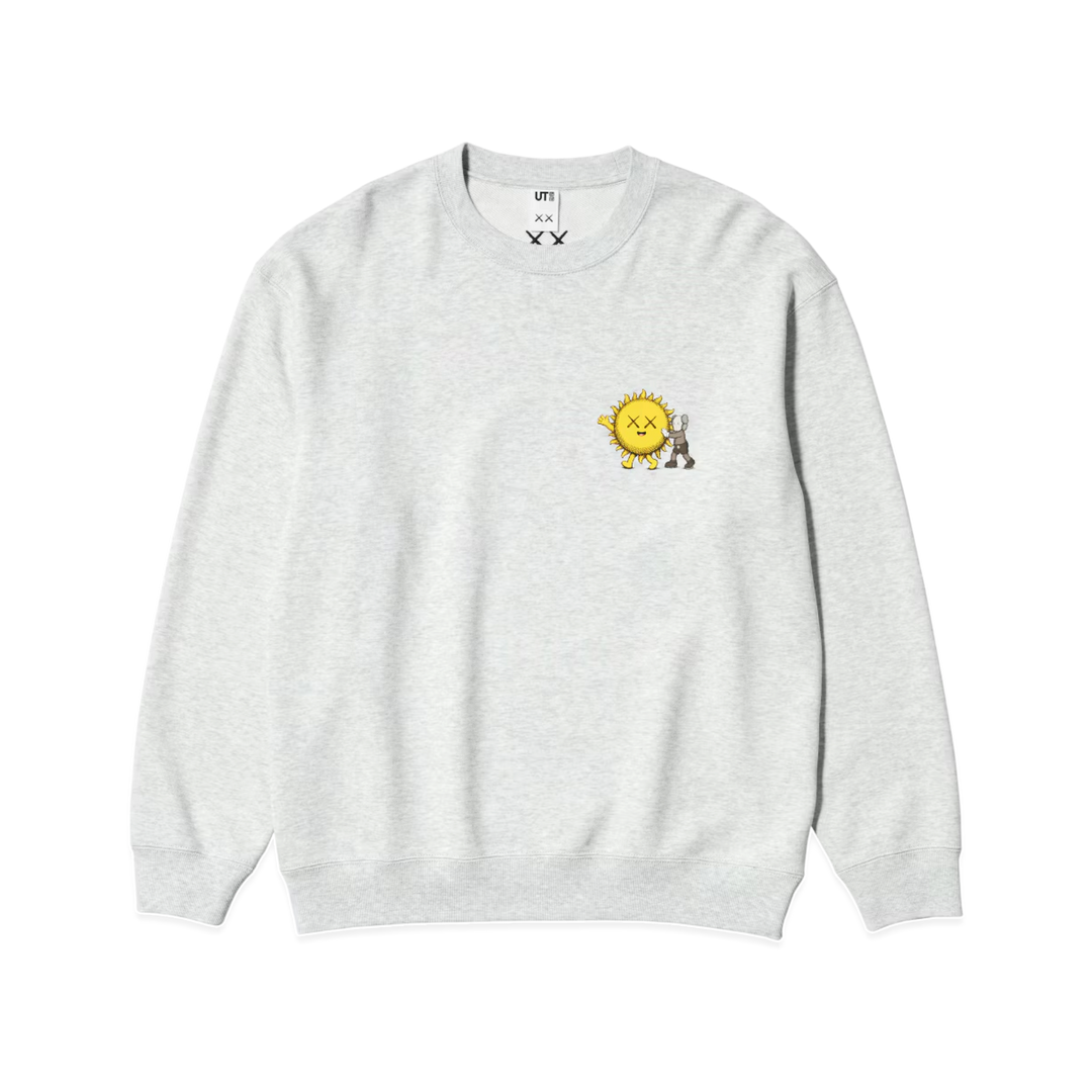 HypeSelection Uniqlo KAWS Universe light gray crew-neck sweatshirt with sun and companion chest graphic