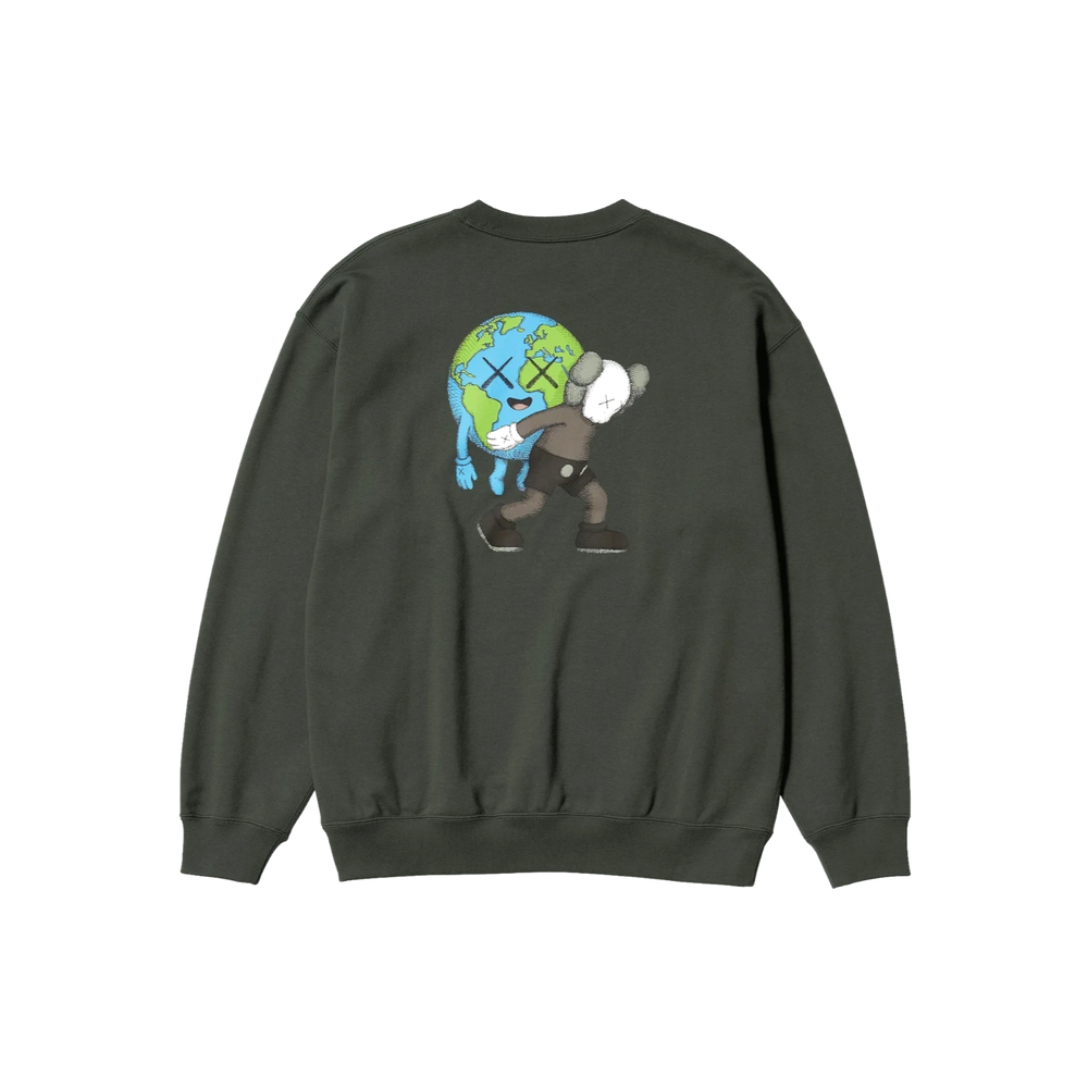 HypeSelection Uniqlo KAWS Universe gray crew-neck sweatshirt featuring Earth and COMPANION back graphic print