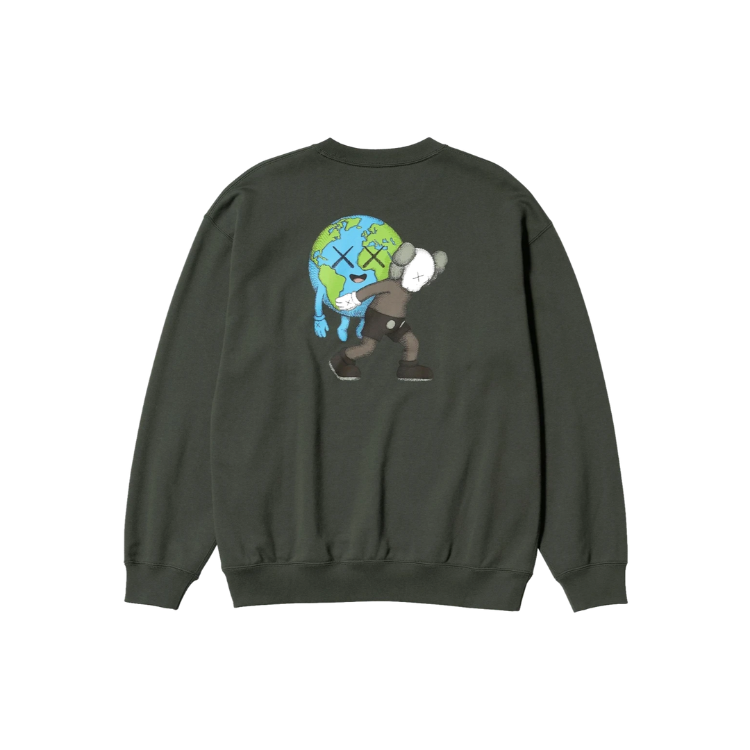 HypeSelection Uniqlo KAWS Universe gray crew-neck sweatshirt featuring Earth and COMPANION back graphic print