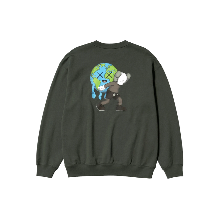 HypeSelection Uniqlo KAWS Universe gray crew-neck sweatshirt featuring Earth and COMPANION back graphic print