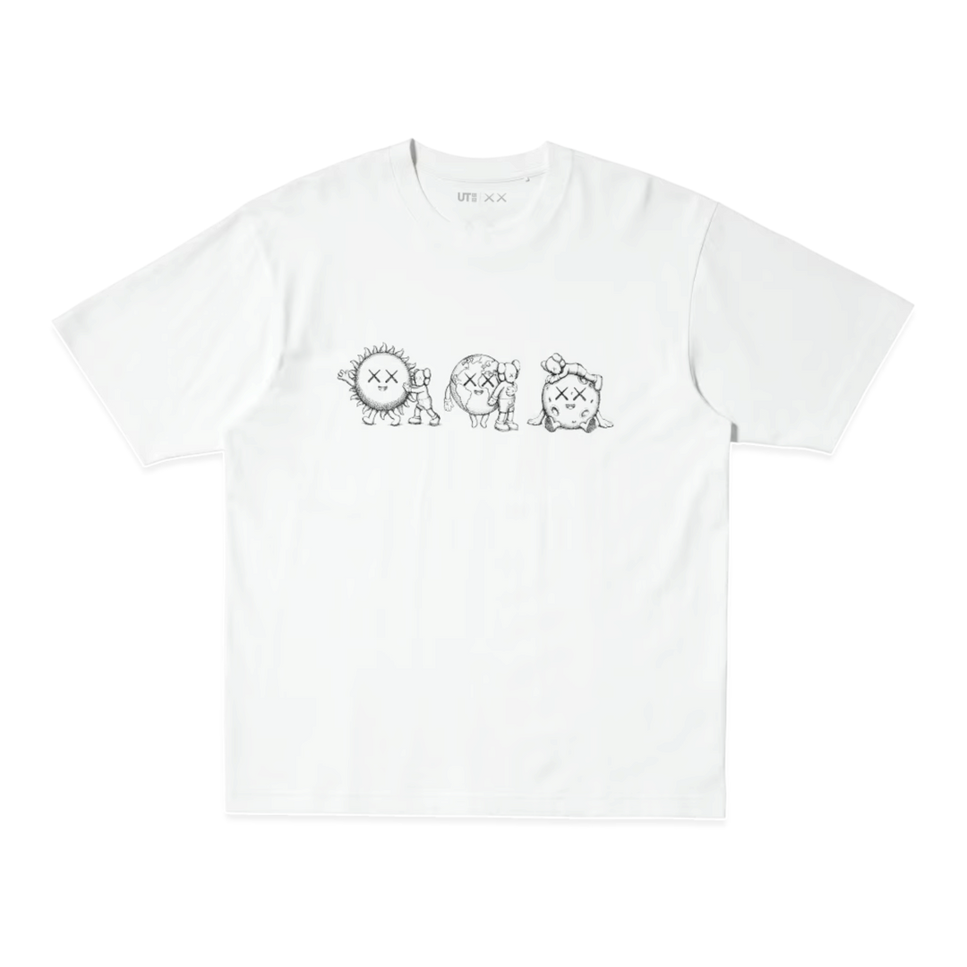 HypeSelection white relaxed fit Uniqlo KAWS Universe graphic t-shirt with line-art sun, earth, and moon illustrations.