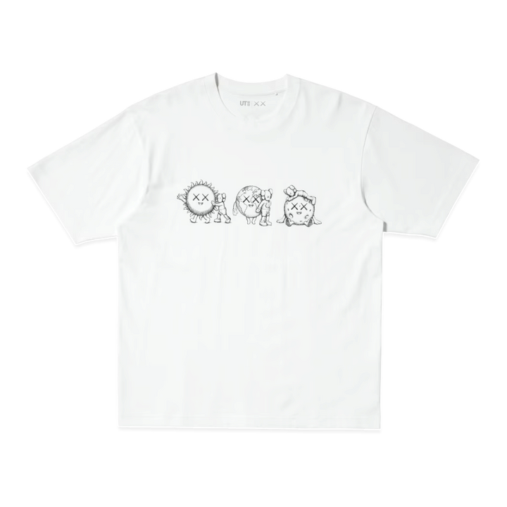 HypeSelection white relaxed fit Uniqlo KAWS Universe graphic t-shirt with line-art sun, earth, and moon illustrations.