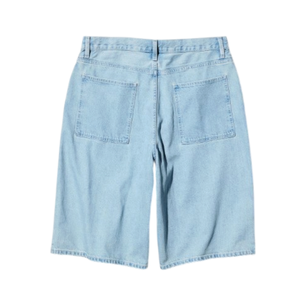 Back view of HypeSelection UNIQLO unisex lightwash blue denim jorts with a loose fit and two back pockets.