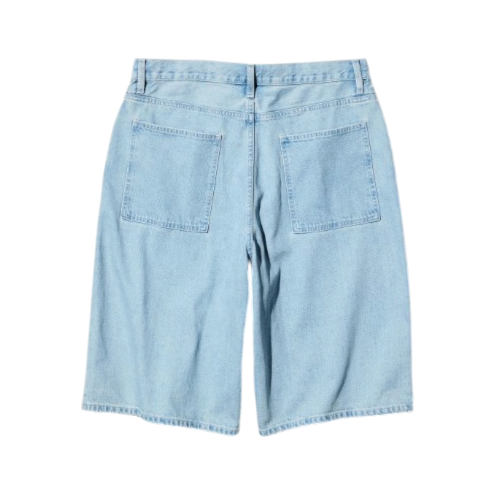 Back view of HypeSelection UNIQLO unisex lightwash blue denim jorts with a loose fit and two back pockets.