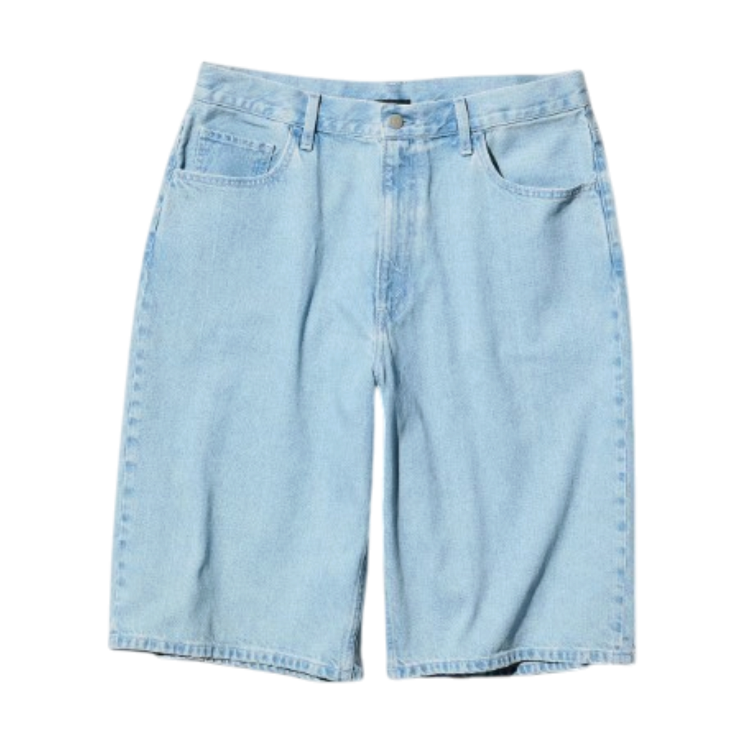 HypeSelection UNIQLO unisex lightwash blue denim jorts with a loose below-knee fit and adjustable waist drawcord.