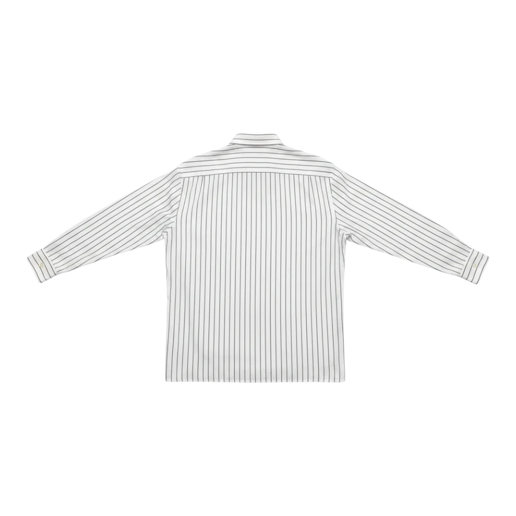 HypeSelection: Uniqlo oversized fit, off-white Oxford cotton shirt with thin dark stripes. Long sleeves, button-up style.