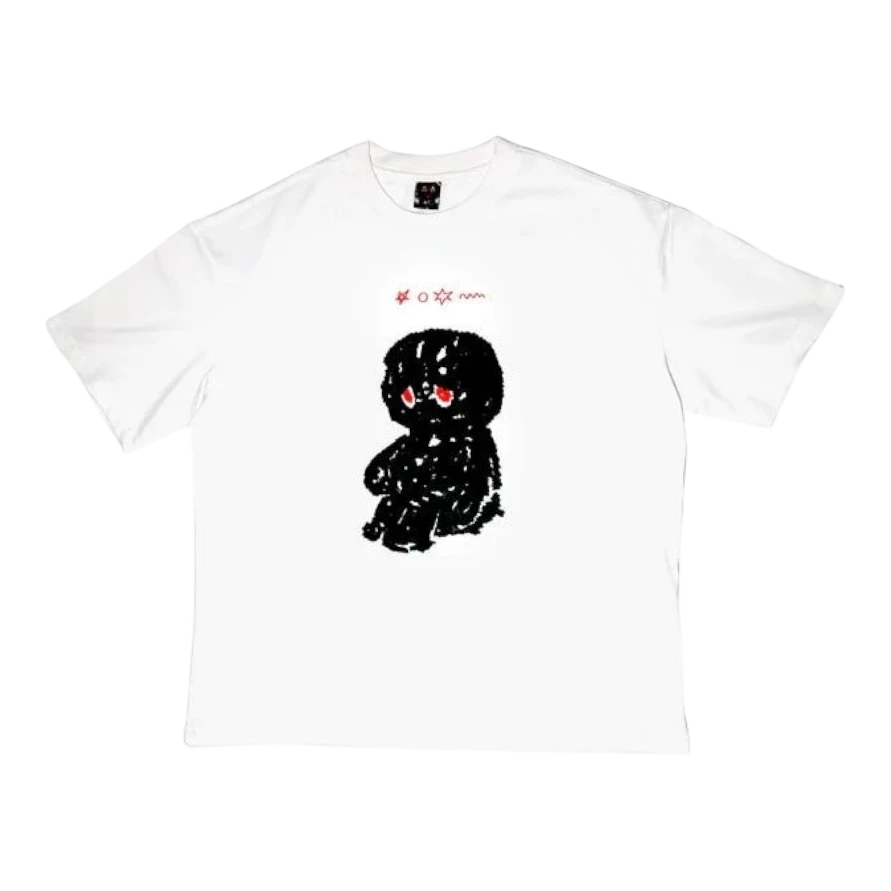 HypeSelection white heavyweight cotton oversized t-shirt with a black graphic of a figure with red eyes and "UPSET" text.
