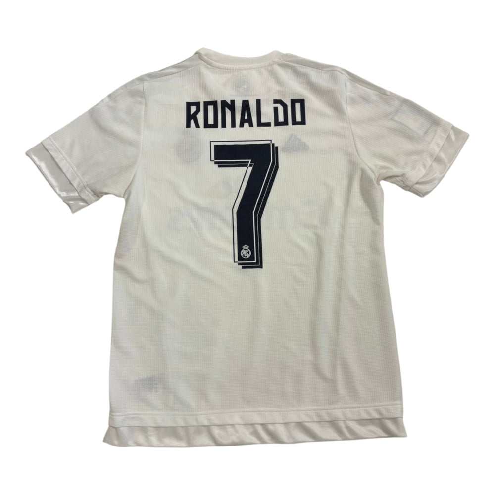 HypeSelection vintage white Adidas Real Madrid Ronaldo number 7 soccer jersey with black lettering and detailing.