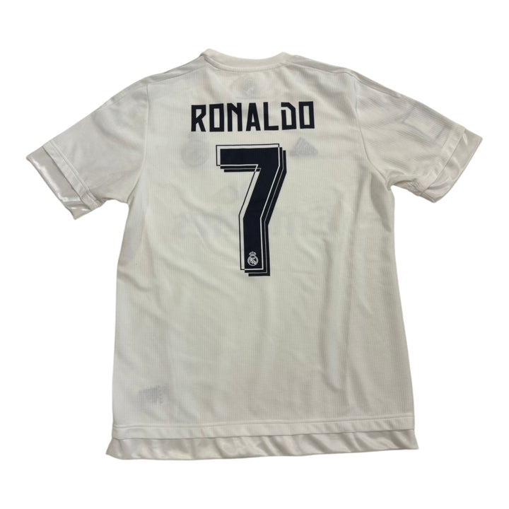 HypeSelection vintage white Adidas Real Madrid Ronaldo number 7 soccer jersey with black lettering and detailing.
