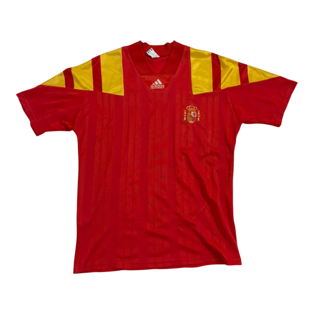 HypeSelection vintage Adidas Spain soccer jersey in red and yellow with classic Equipment branding and team crest.