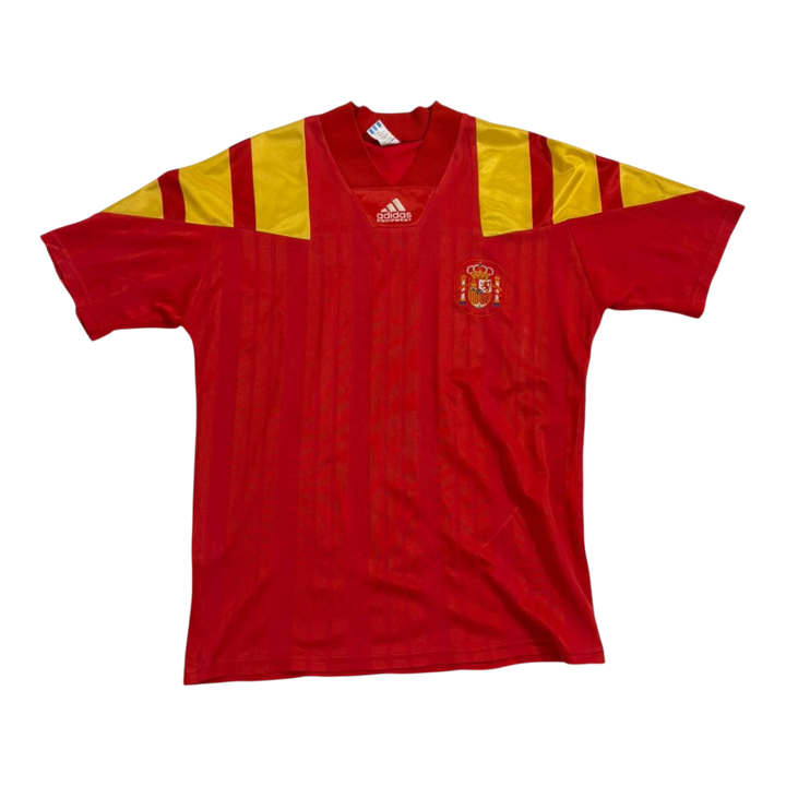 HypeSelection vintage Adidas Spain soccer jersey in red and yellow with classic Equipment branding and team crest.