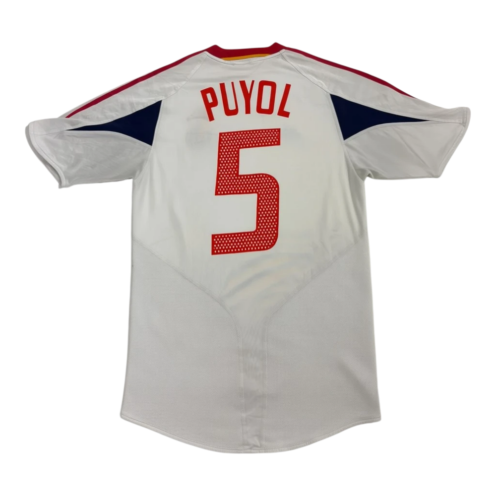 Vintage Adidas Spain Puyol #5 jersey, white with red and navy accents. Features Puyol name and number 5 on back.