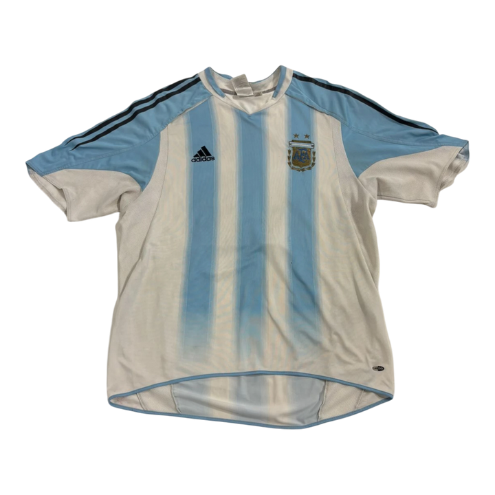 Vintage HypeSelection Adidas Argentina soccer jersey in white and light blue with team crest and black stripes.