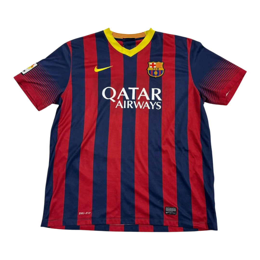 HypeSelection vintage Nike FC Barcelona Messi jersey in red and blue stripes with yellow V-neck and Qatar Airways logo