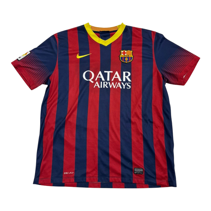 HypeSelection vintage Nike FC Barcelona Messi jersey in red and blue stripes with yellow V-neck and Qatar Airways logo