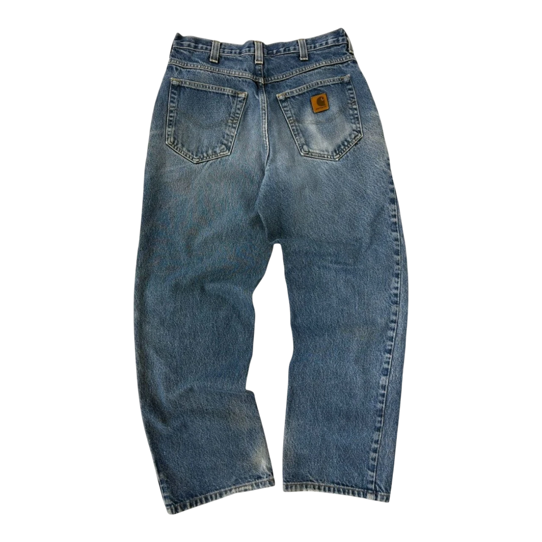 Vintage HypeSelection blue denim jeans with classic Carhartt logo patch on back pocket.