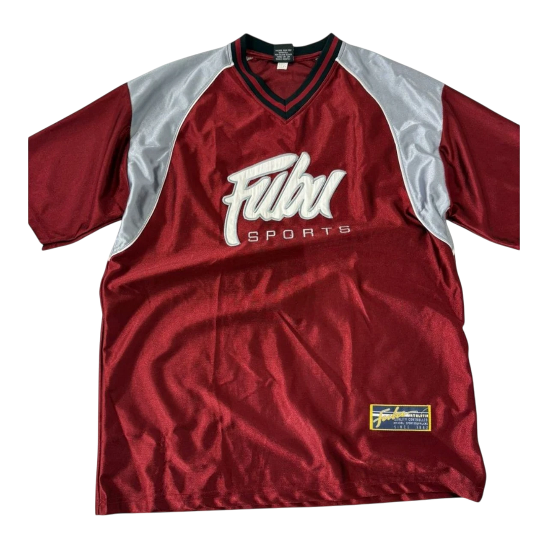 Vintage HypeSelection FUBU Sports jersey in red with silver accents and embroidered FUBU logo. Short sleeves, V-neck.