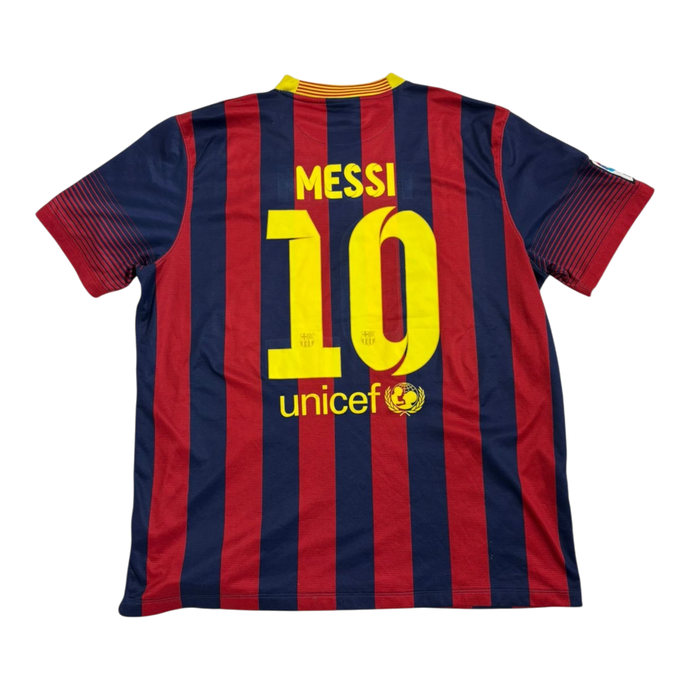 HypeSelection vintage Nike FC Barcelona Messi number 10 jersey in red and blue stripes with yellow lettering.