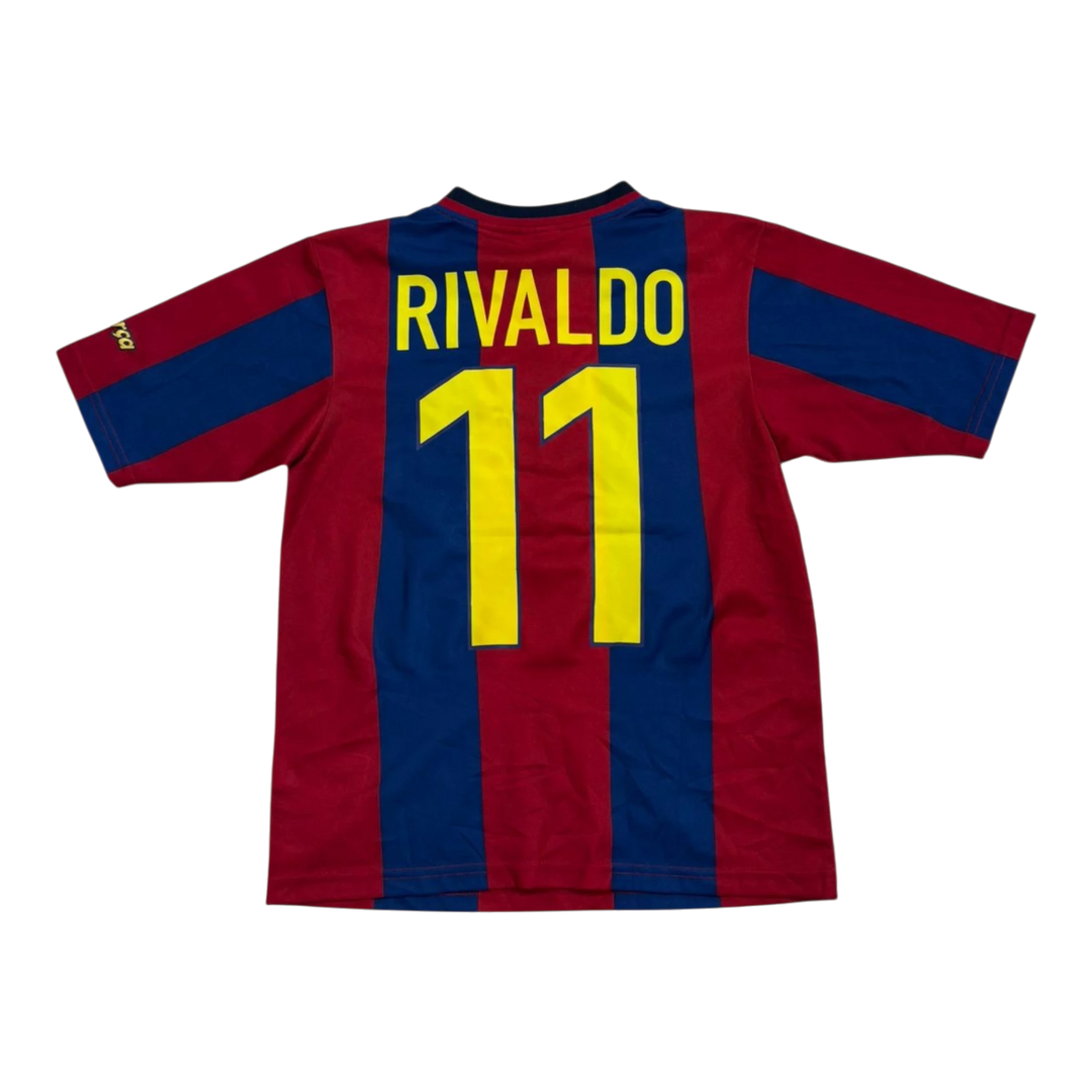 HypeSelection Vintage Nike Barcelona Rivaldo 11 jersey. Red and blue striped short-sleeve soccer jersey.