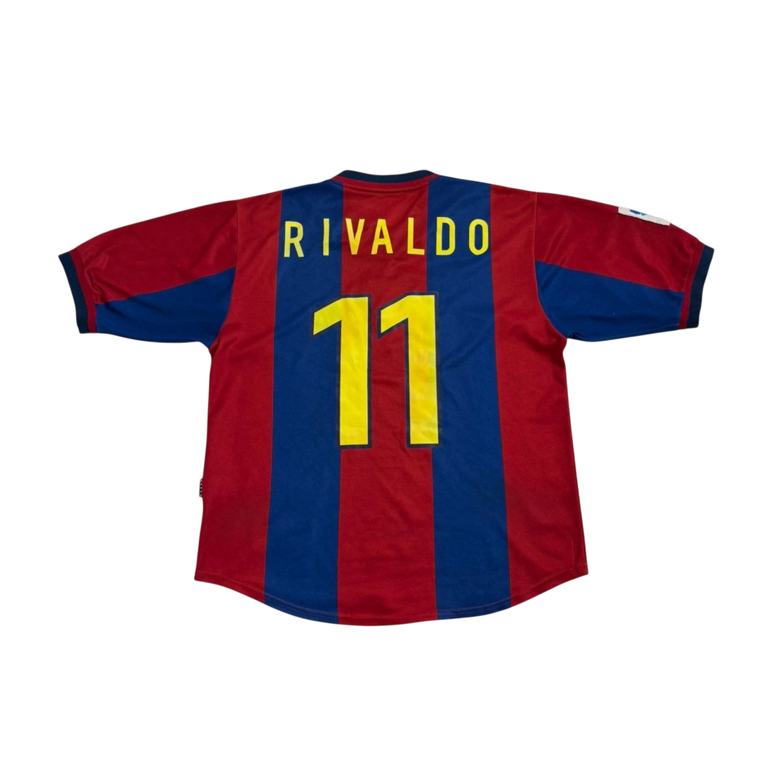 HypeSelection Vintage Nike Barcelona Kids Rivaldo Jersey with number 11 on the back. Red and blue vertical stripes.