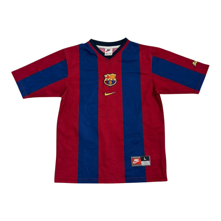 Vintage HypeSelection Barcelona Nike Rivaldo jersey with red and blue vertical stripes, FCB crest, and Nike swoosh.