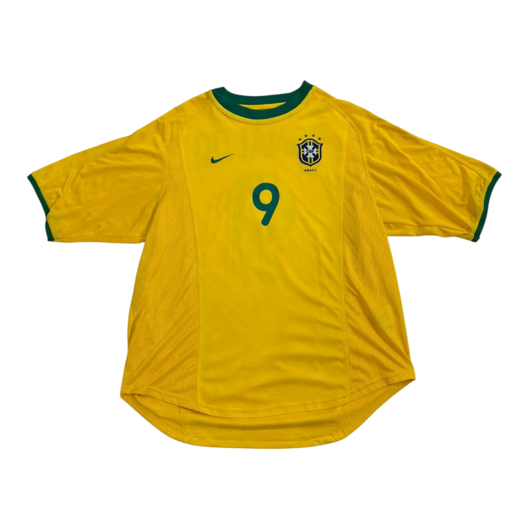 Vintage HypeSelection Nike Brazil yellow soccer jersey with green trim and number 9 on the front.