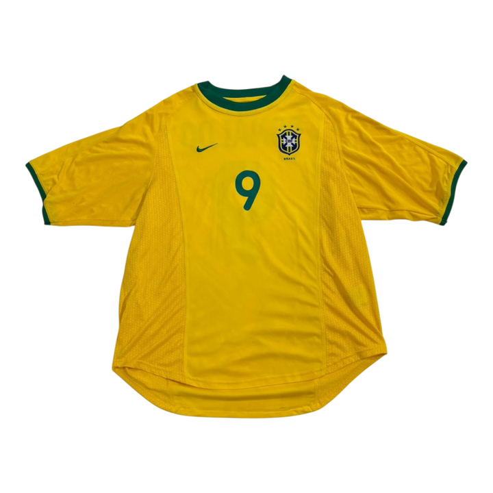 Vintage HypeSelection Nike Brazil yellow soccer jersey with green trim and number 9 on the front.
