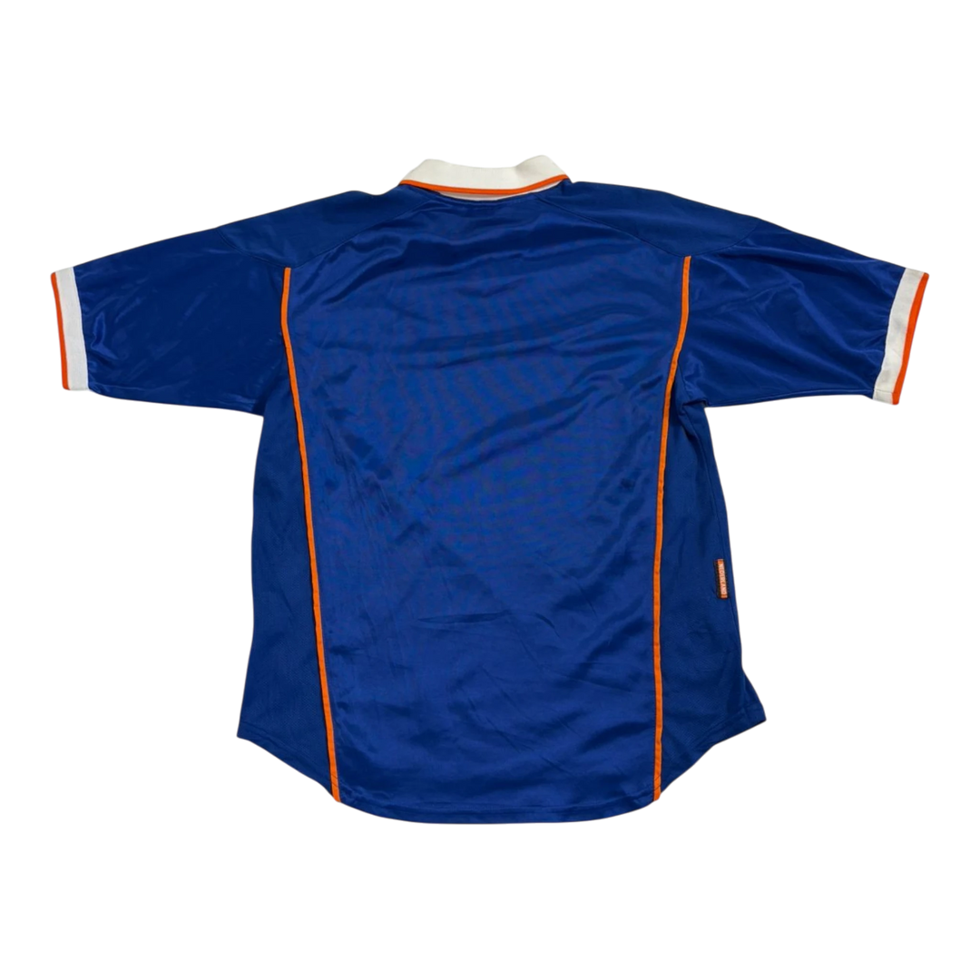 Vintage Nike Netherlands blue soccer jersey with white and orange trim on collar and sleeves.