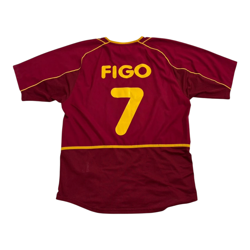 HypeSelection vintage Nike Portugal Figo number 7 soccer jersey in maroon and yellow on a black background.