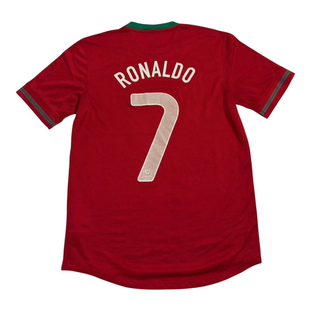 HypeSelection Vintage Nike Portugal Ronaldo Jersey with number 7 on the back. Red with green collar and grey accents.