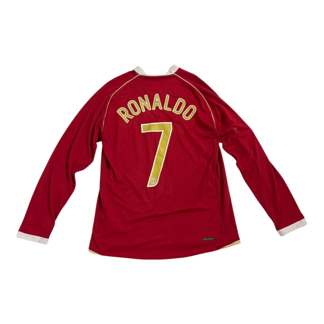 HypeSelection vintage red Nike Manchester United long-sleeve Ronaldo 7 jersey with white trim and gold lettering.