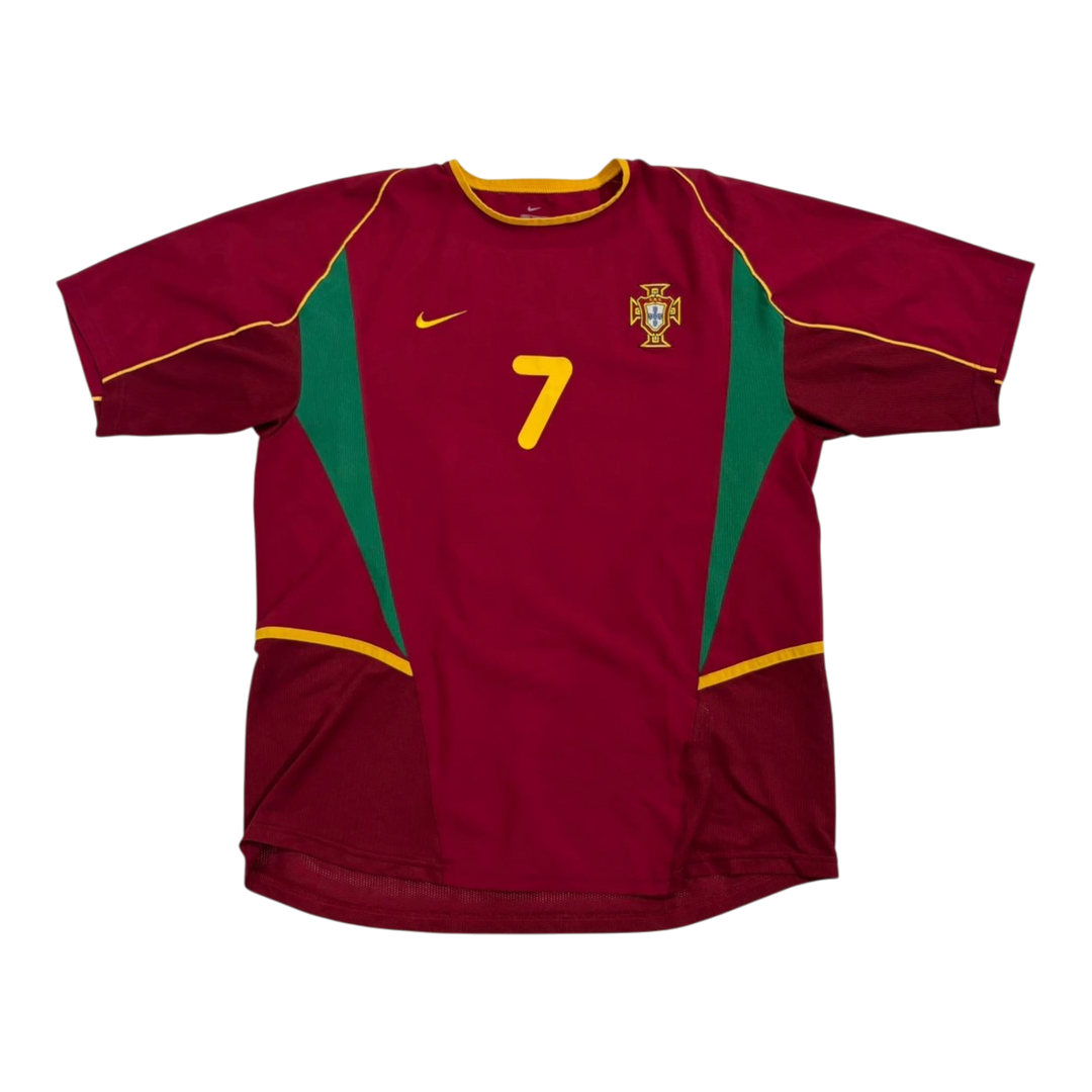 HypeSelection vintage Nike Portugal Figo number 7 soccer jersey in maroon, green, and yellow.