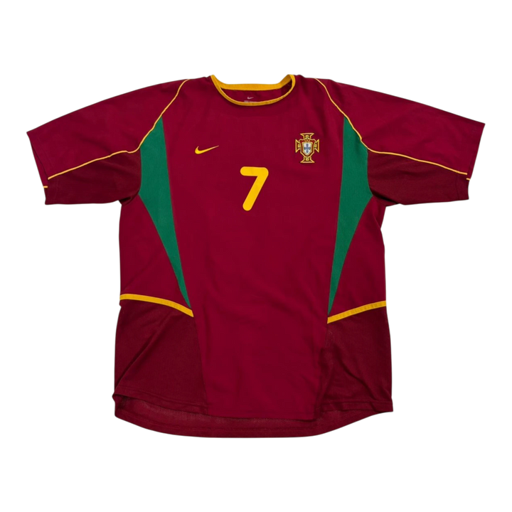 HypeSelection vintage Nike Portugal Figo number 7 soccer jersey in maroon, green, and yellow.