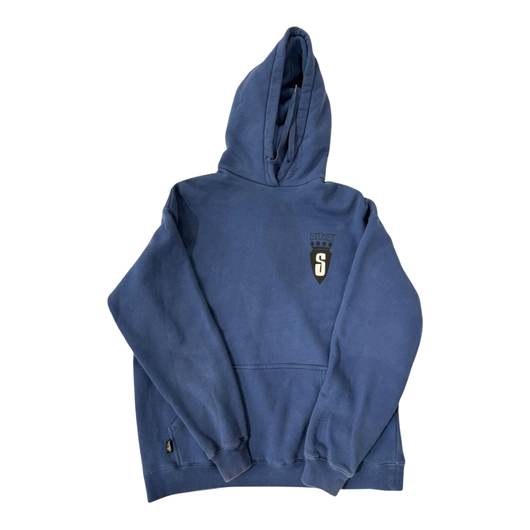 Vintage HypeSelection Stussy blue cotton hoodie with embroidered crest logo on chest and front pocket.