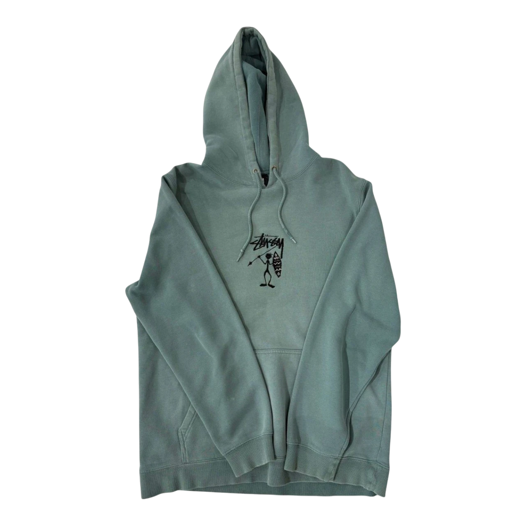 HypeSelection vintage green Stussy Tribe Man hoodie with embroidered logo and front pocket. Cotton blend.