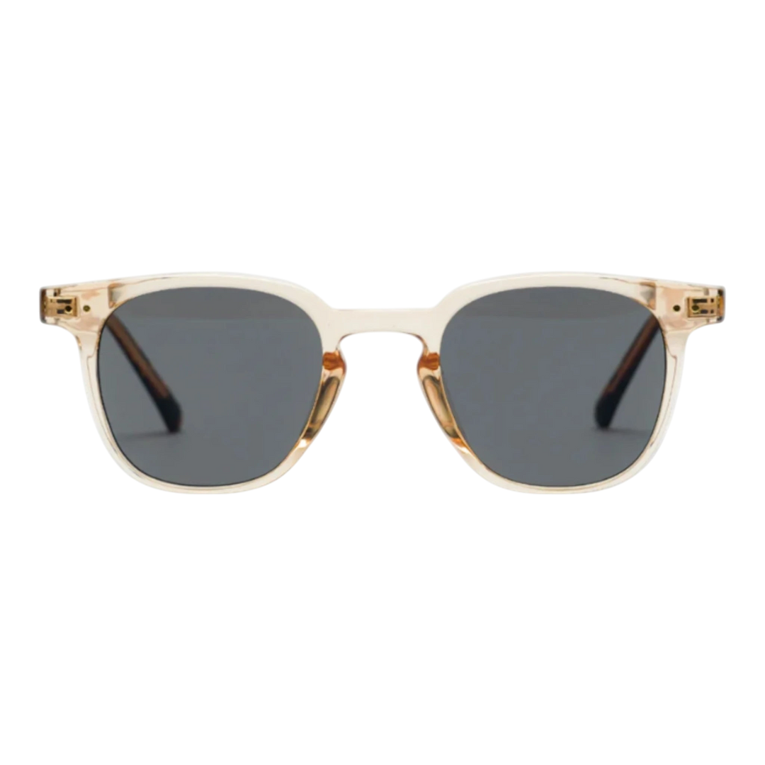 HypeSelection Ryoko VintageVisionary sunglasses with crystal clear frame and yellow accents, grey lenses.