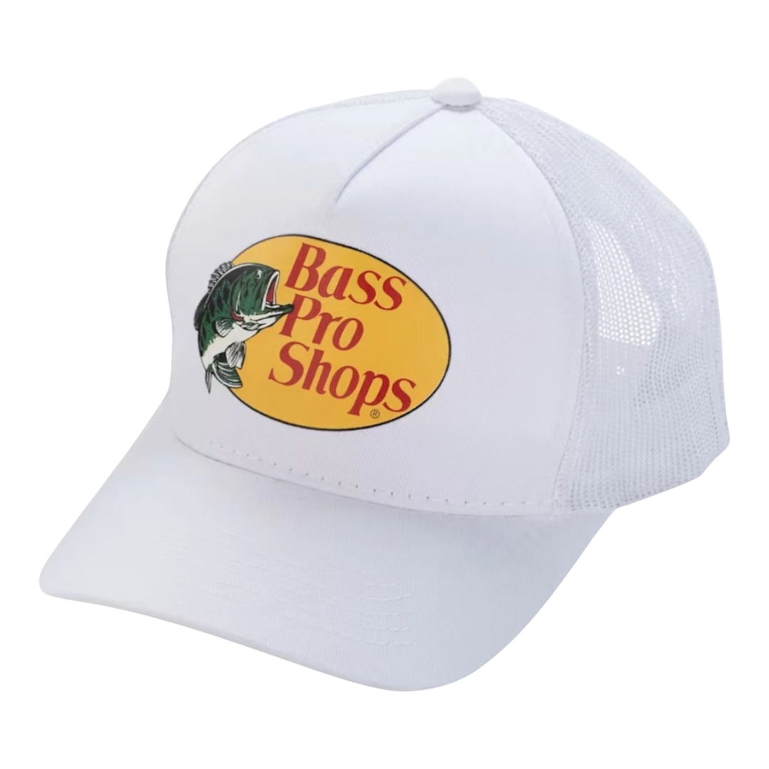 HypeSelection white polyester trucker cap with Bass Pro Shops logo and mesh back panels.