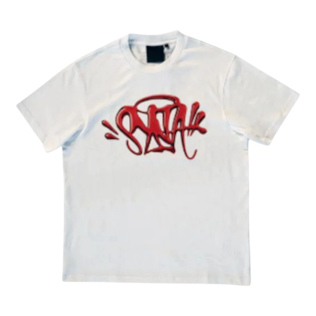 HypeSelection white 100% cotton t-shirt with a red chrome-inspired Syna World graphic on the chest. Relaxed fit, short sleeves.